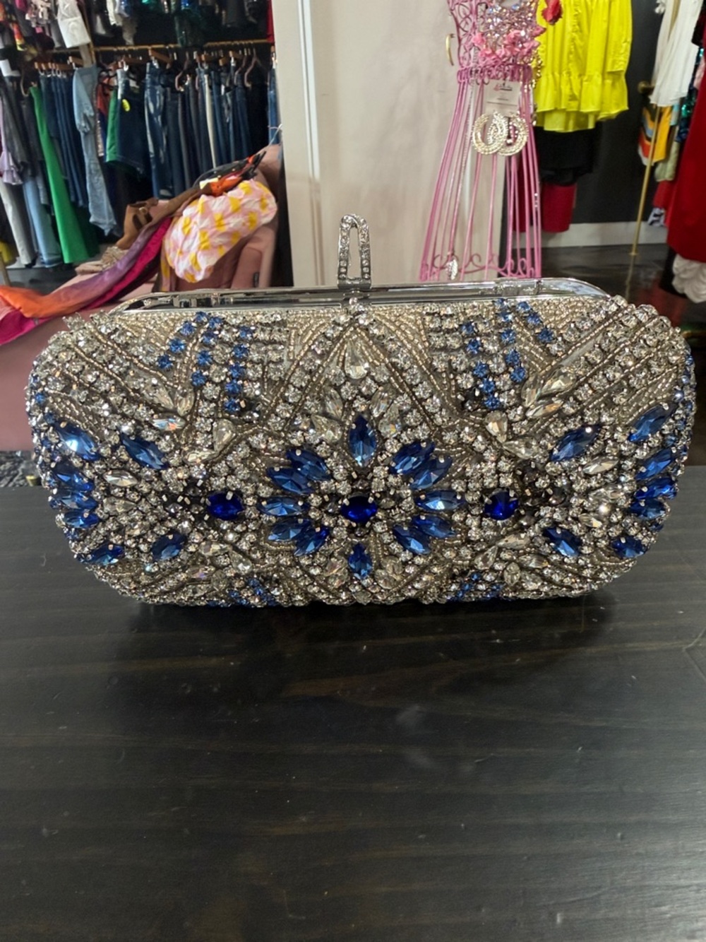 Nina Shoes Silver Clutch with Blue Crystal Embellishments